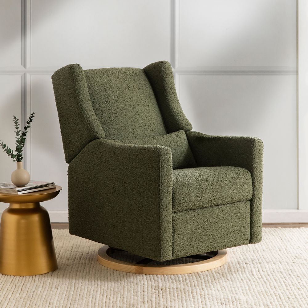 Babyletto Kiwi Olive Green Boucle Nursery Power Glider Recliner Chair with Light Wood Base