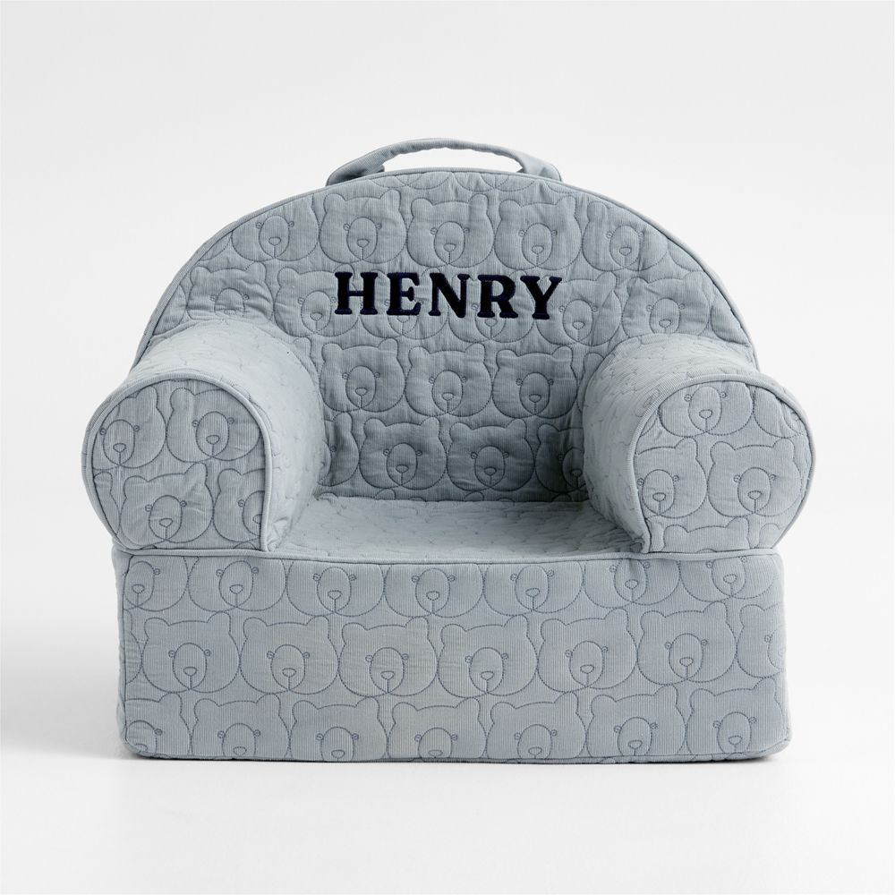 Small Mist Blue Organic Cotton Quilted Bear Kids Lounge Nod Chair