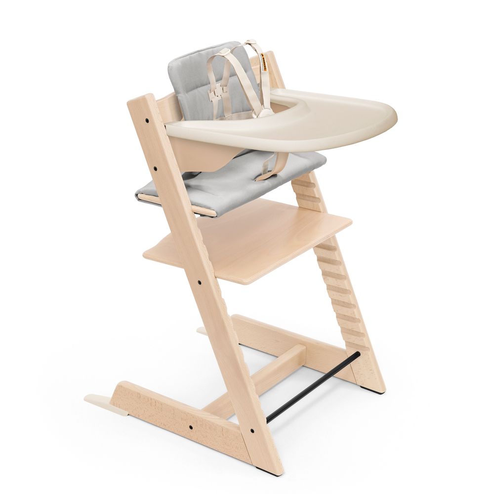 Stokke Tripp Trapp Complete Natural Wood Baby High Chair with Grey Cushion and Vanilla White Stokke Tray