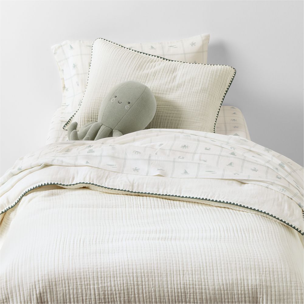 Beckett Pampas Ivory Supersoft Luxe Embroidered Beachglass Green Edge Organic Cotton Kids Duvet By Jake Arnold