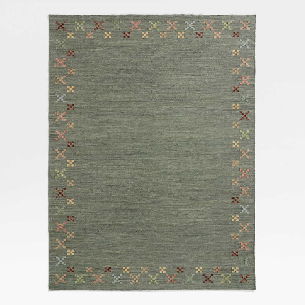 Broderie Kilim Green Wool and Cotton Kids Area Rug by Sharland England