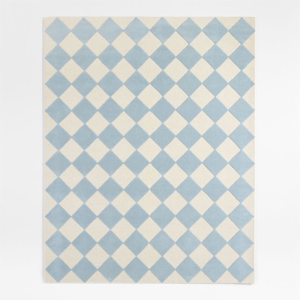 Checkerboard Blue Wool Kids Area Rug