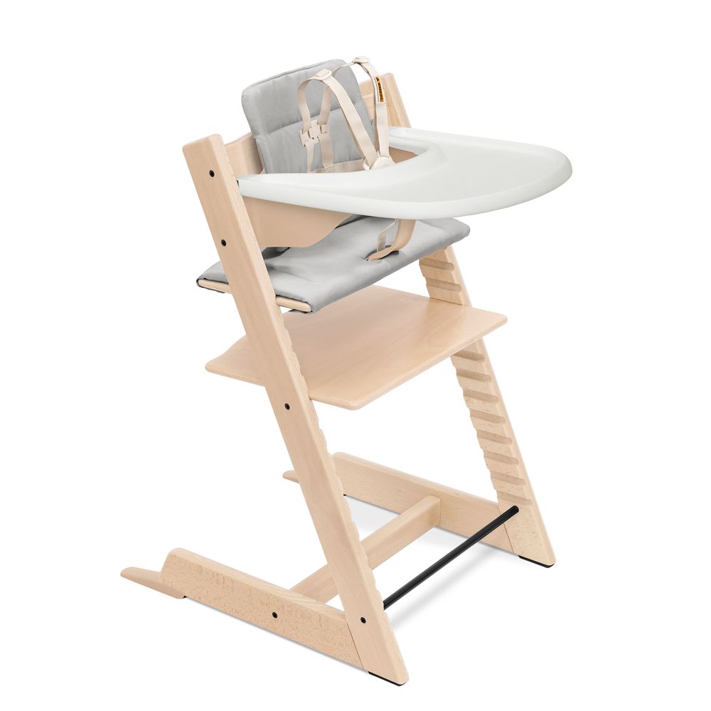 Stokke Tripp Trapp Complete Natural Wood Baby High Chair with Grey Cushion and White Stokke Tray