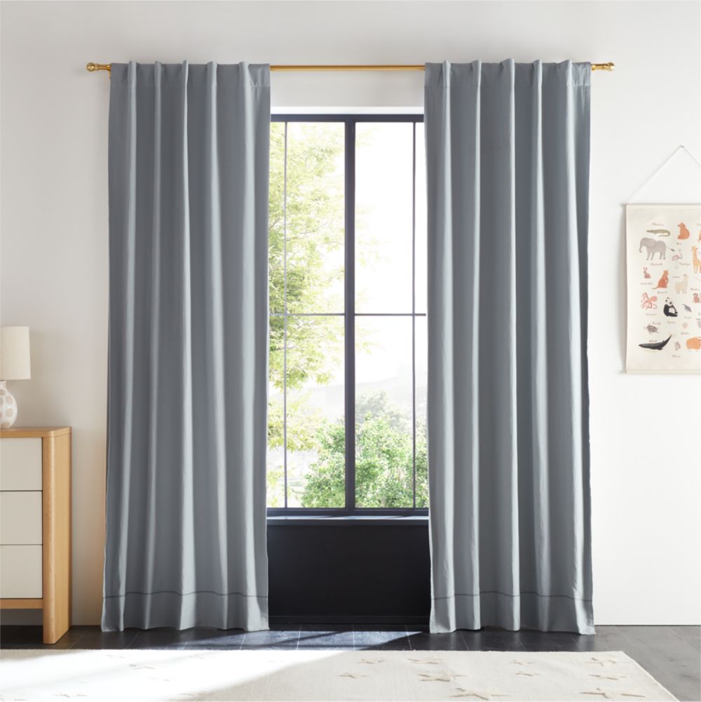 Mist Blue Embroidered Stitch Organic Cotton Blackout Curtain Panel