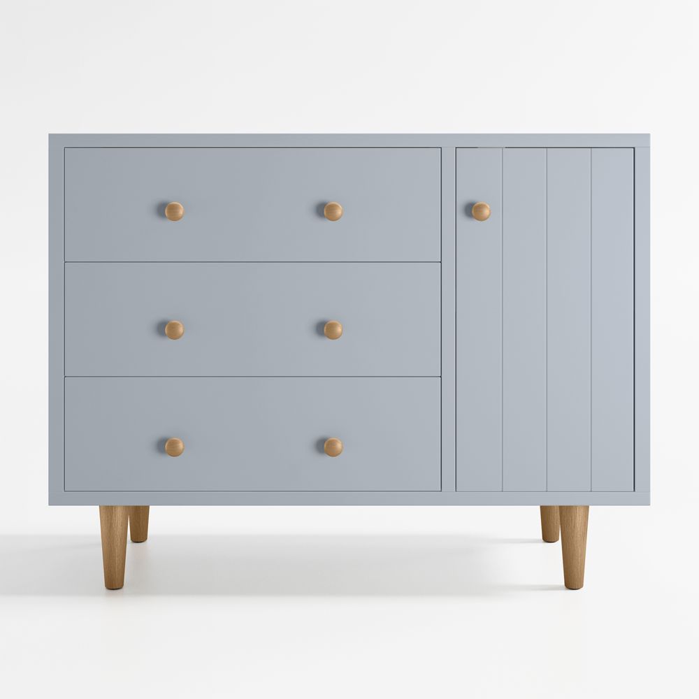 Finn 44" Narrow Mist Blue Wood 3-Drawer Kids Dresser with Door