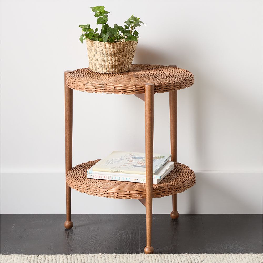 Margot 18" Wicker and Brown Wood Round Nursery Side Table