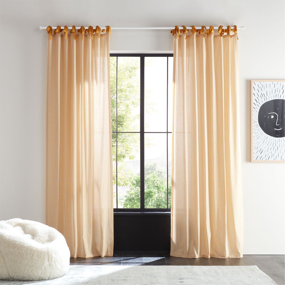 Yellow Organic Cotton Windowpane Plaid Curtain Panel