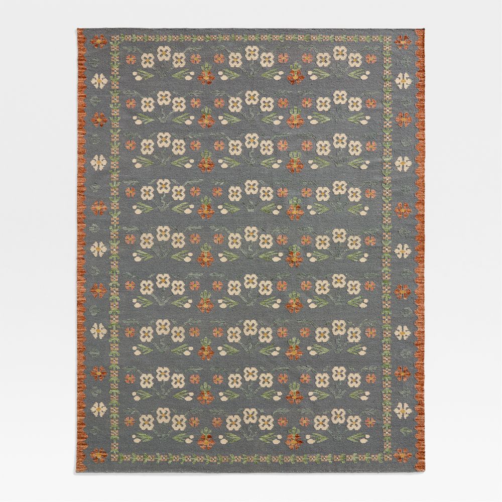 Tansie Floral Kilim Navy Blue Wool and Cotton Kids Area Rug by Sharland England