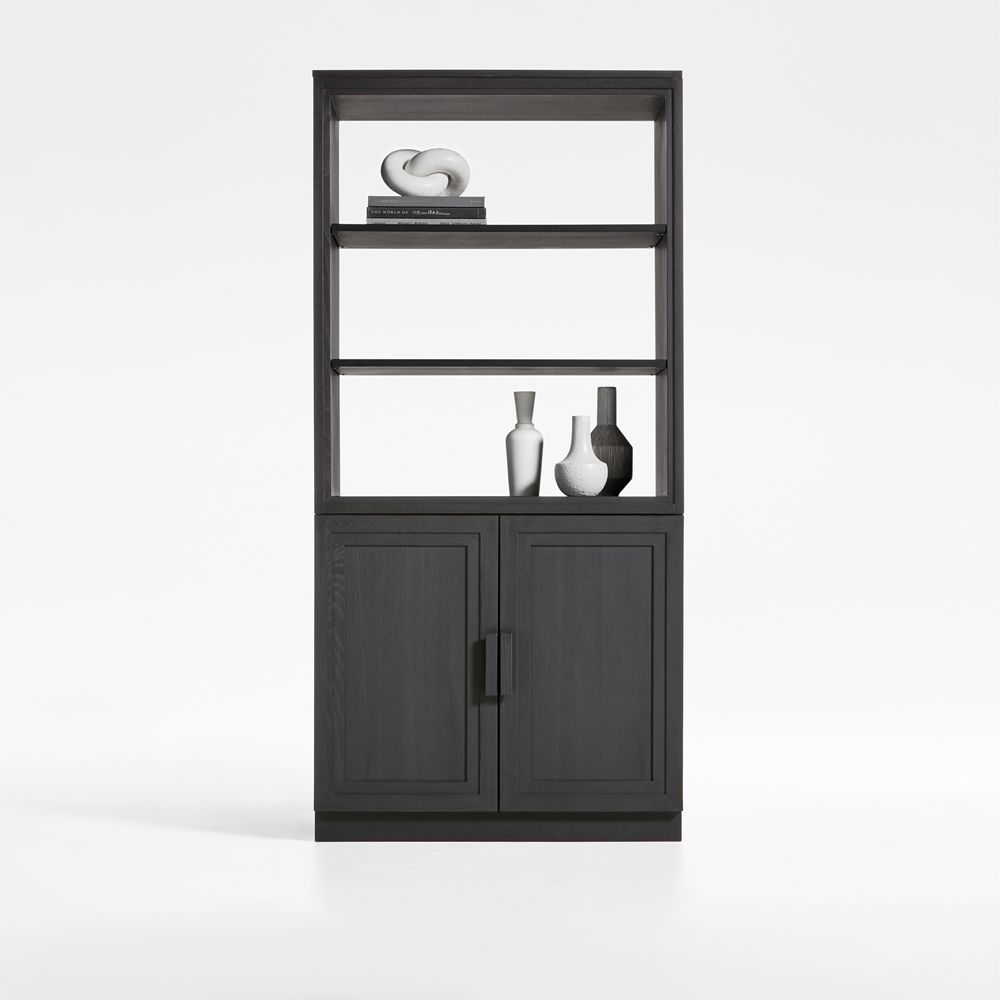 Calypso 36" Black Wood Bookcase with Wood-Door Storage