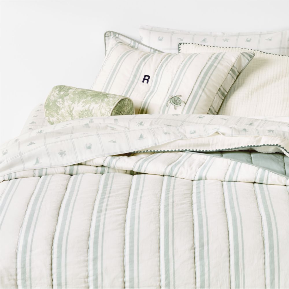 Edward Blue Sea Turtle Ticking Stripe Organic Cotton Kids Quilt by Jake Arnold