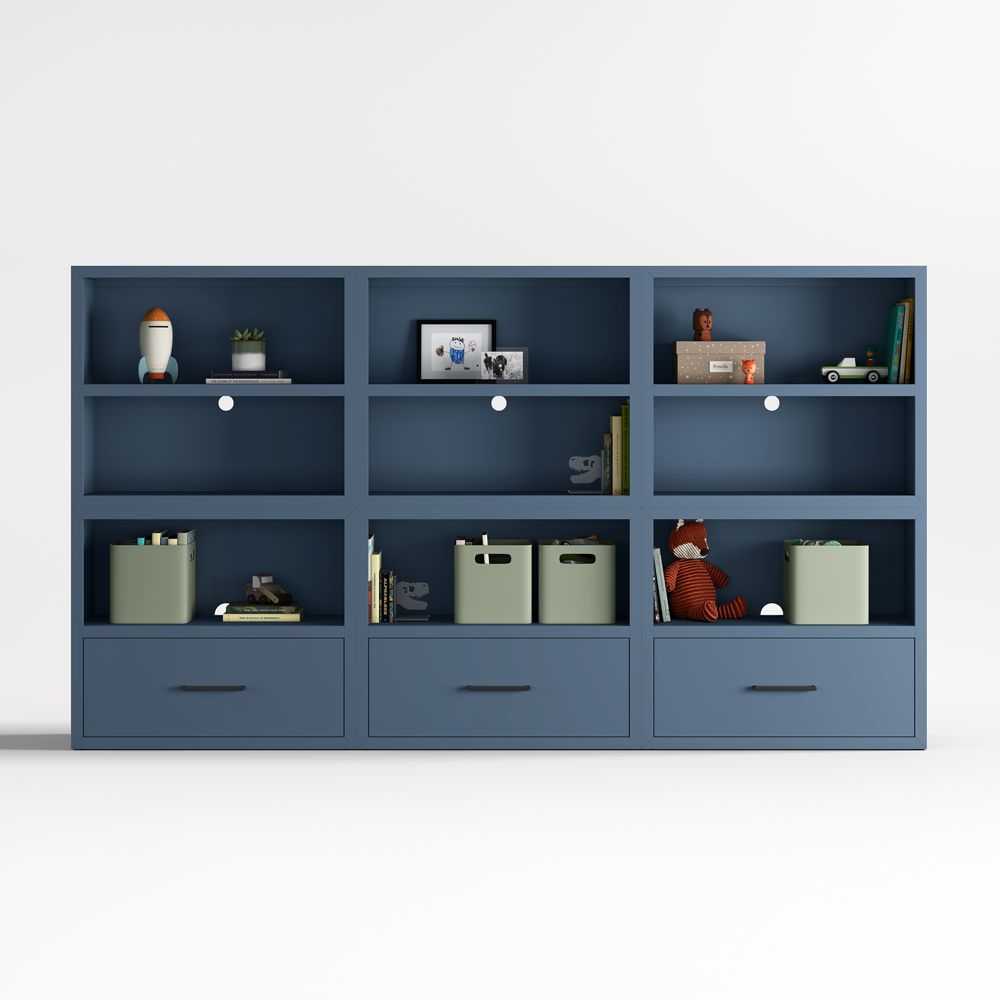 Ever Simple 108" Set of 3 Modular Slate Blue Wood Kids Open Bookcases with Drawers