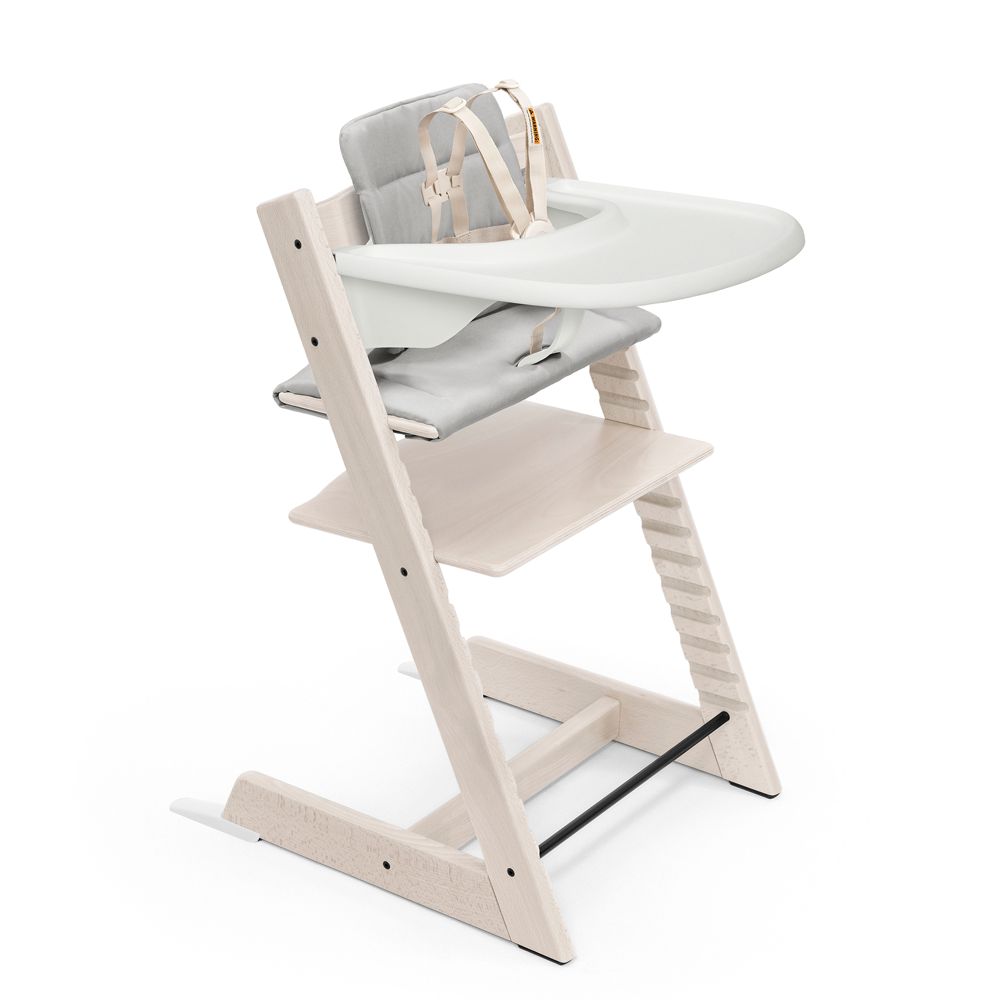 Stokke Tripp Trapp Complete Whitewash Wood Baby High Chair with Grey Cushion and White Stokke Tray