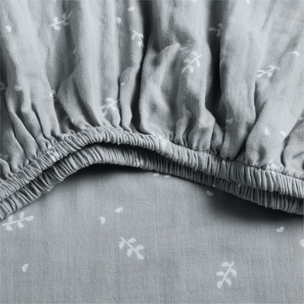 Supersoft Mist Blue Leaf Print 100% Organic Cotton Gauze Baby Crib Fitted Sheet