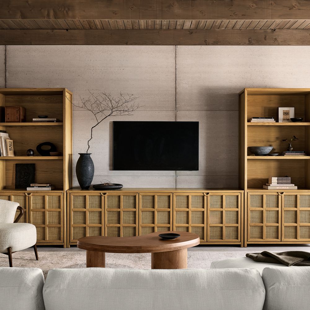Alternative view of Campagna Rattan and Natural Oak Wood Storage Media Console Set (154"-172")