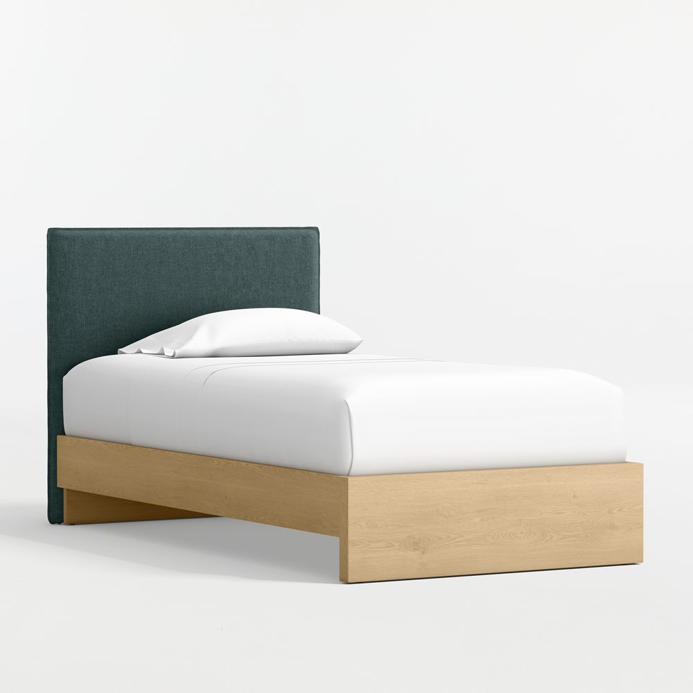 Noa Jungle Green Upholstered Flange Kids Headboard with Natural Wood Base