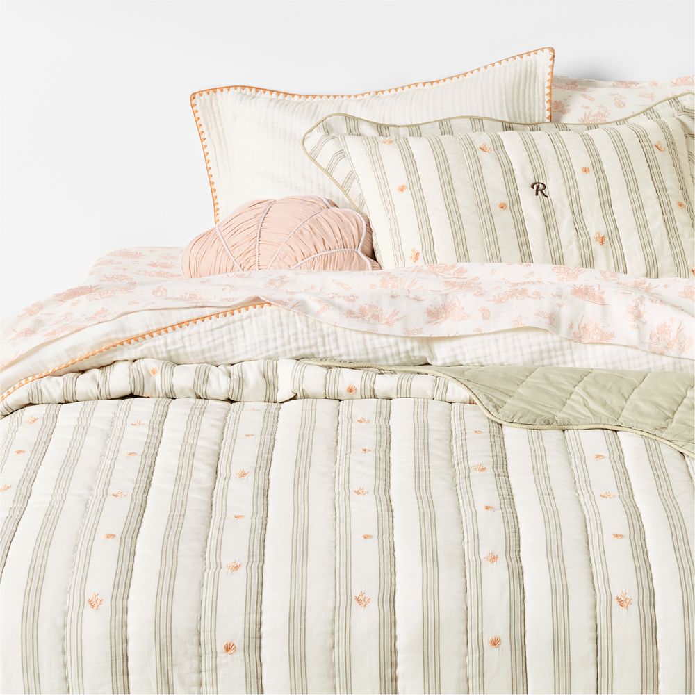 Francis Green Coral Reef Embroidered Stripe Organic Cotton Kids Quilt by Jake Arnold