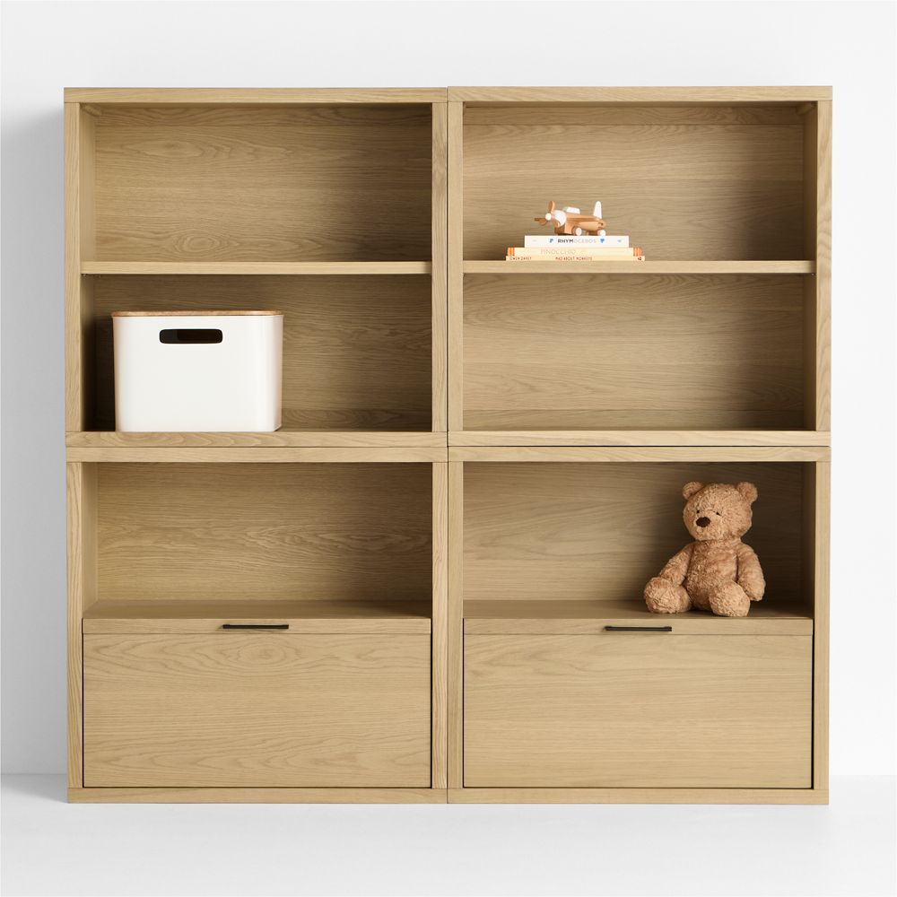 Oliver 64" Set of 2 Modular Natural Oak Wood Kids Open Bookcases with Drawers