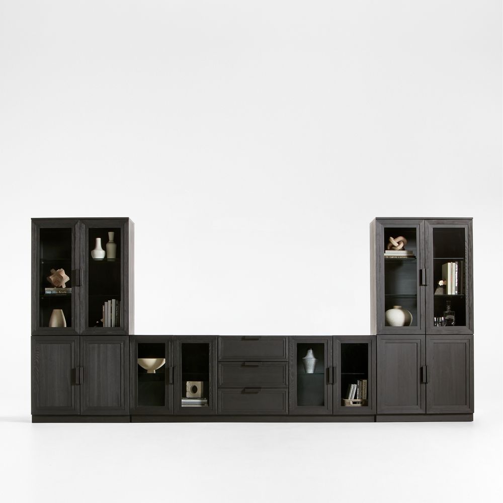 Calypso 162" Black Wood Media Console Set with Glass and Wood Storage Cabinet