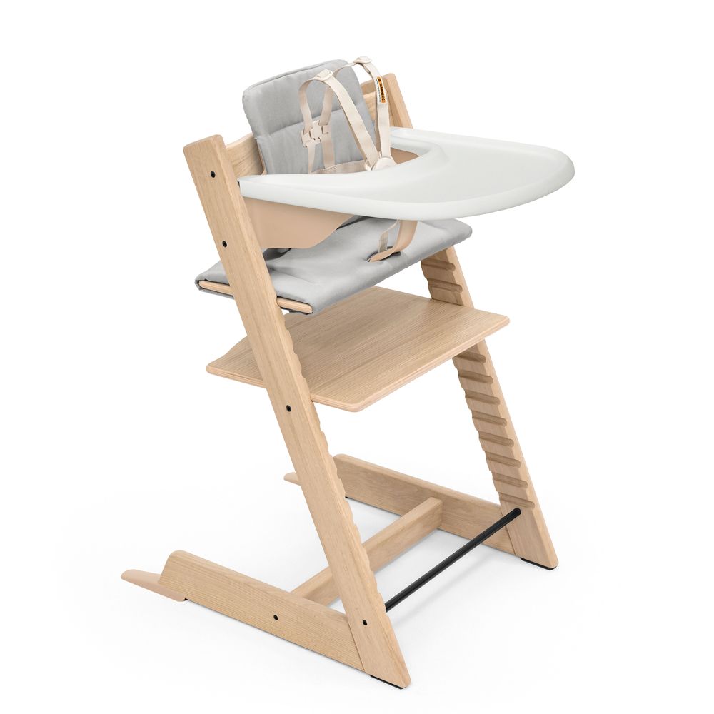 Stokke Tripp Trapp Complete Natural Oak Wood Baby High Chair with Grey Cushion and White Stokke Tray