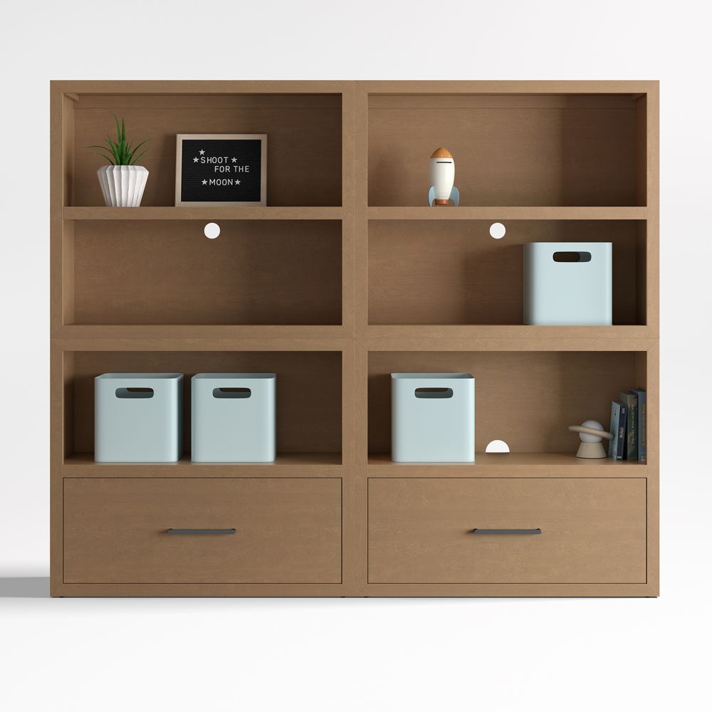 Ever Simple 72" Set of 2 Modular Natural Brown Wood Kids Open Bookcases with Drawers