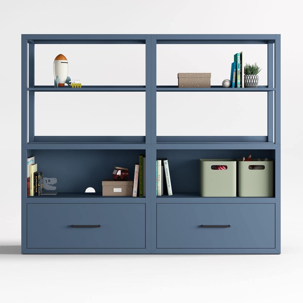 Ever Simple 72" Set of 2 Modular Slate Blue Wood Kids Drawer Bookcases with Hutches