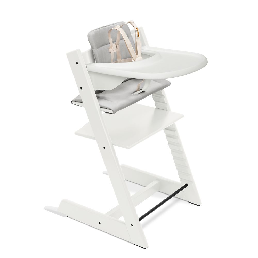Stokke Tripp Trapp Complete White Wood Baby High Chair with Grey Cushion and White Stokke Tray