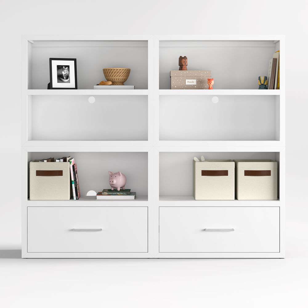 Ever Simple 72" Set of 2 Modular White Wood Kids Open Bookcases with Drawers