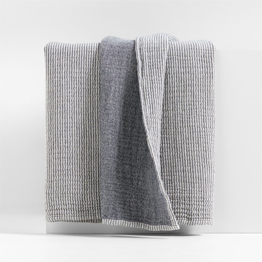 Reversible Stripe Gauze 80"x80" Deep Indigo Blue and Arctic Ivory Bed Blanket
