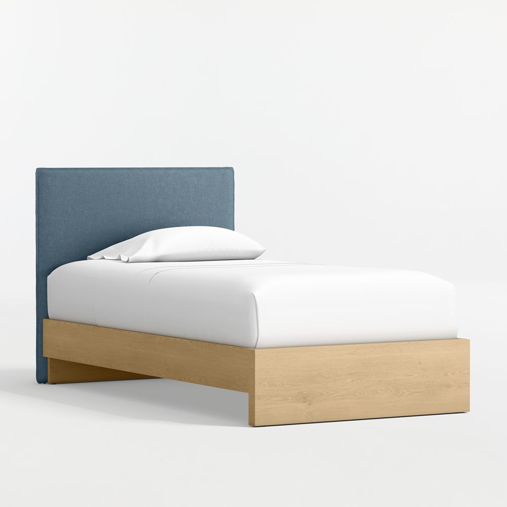 Noa Denim Blue Upholstered Flange Kids Headboard with Natural Wood Base