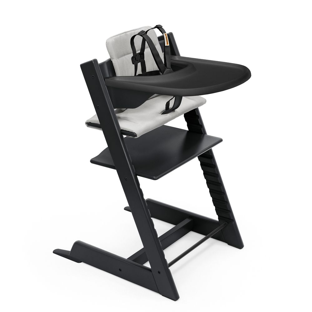 Stokke Tripp Trapp Complete Black Wood Baby High Chair with Grey Cushion and Black Stokke Tray