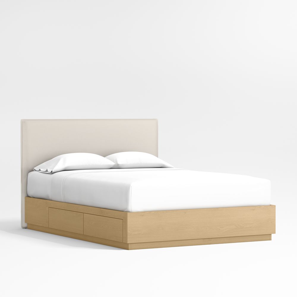 Noa Cream Upholstered Flange Kids Bed with Natural Wood Storage Base