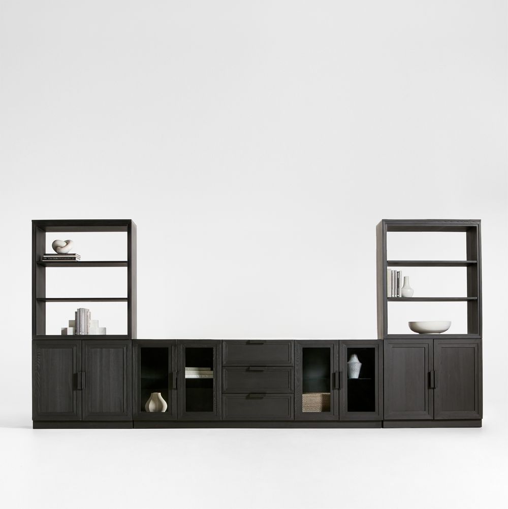 Calypso 162" Black Wood Media Console Set with Wood Door Bookcase