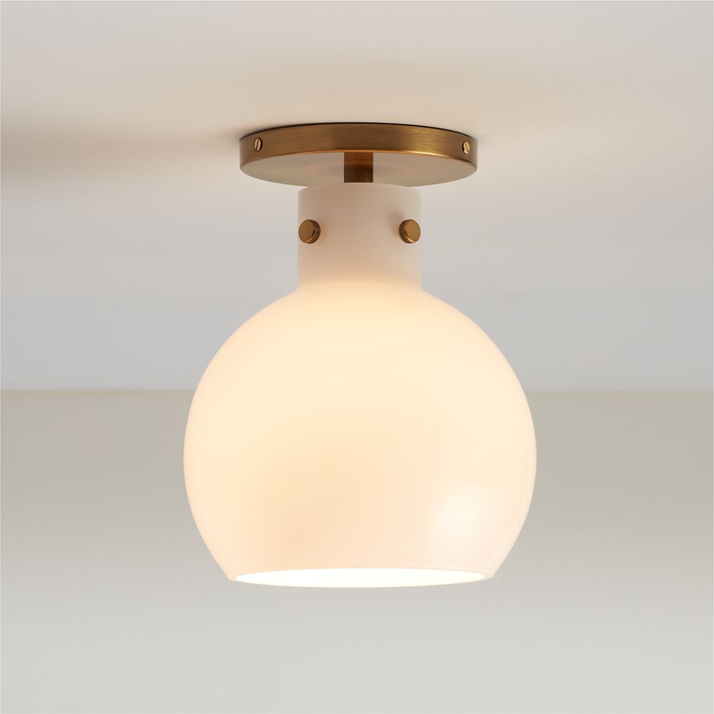 Dakota Brass Flush Mount Light with Small Milk Glass Globe