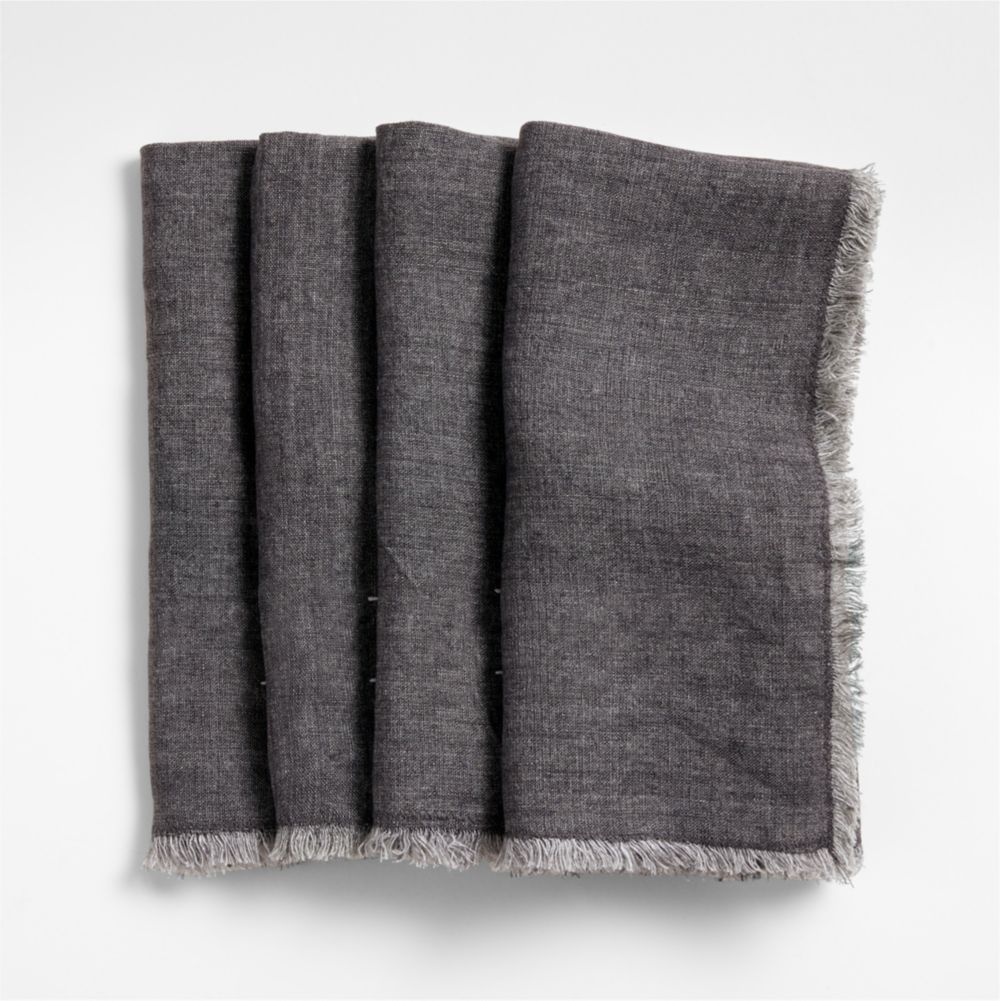 Washed Indigo Blue Linen Napkin with Fringe Trim, Set of 4