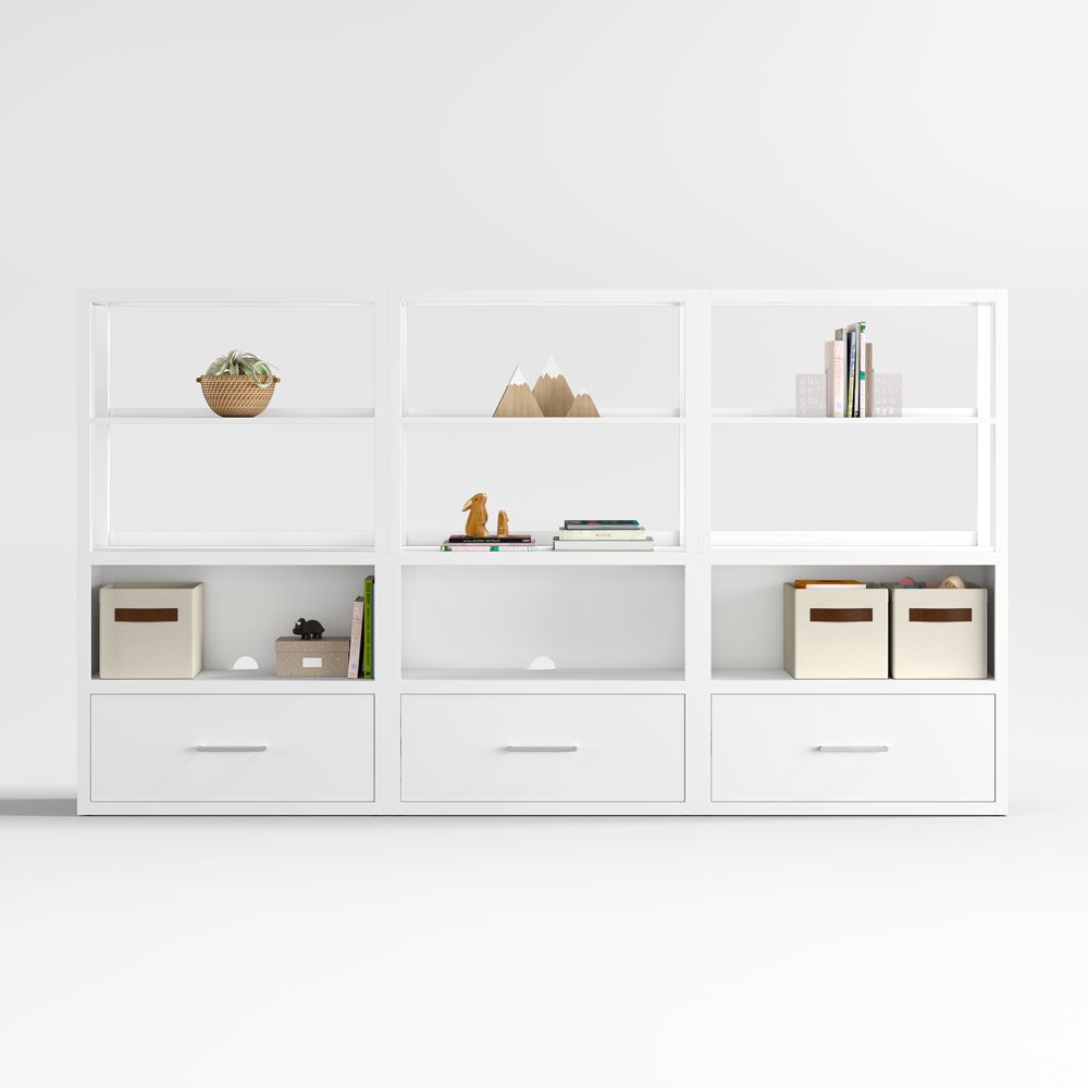 Ever Simple 108" Set of 3 Modular White Wood Kids Drawer Bookcases with Hutches