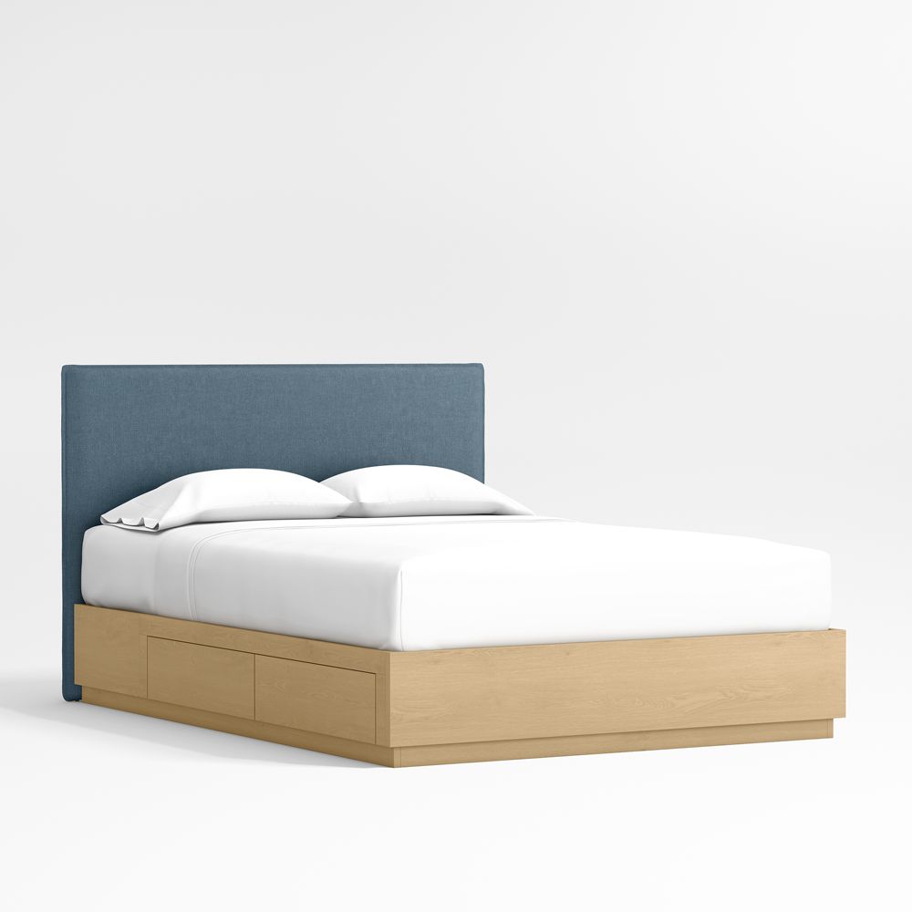 Noa Denim Blue Upholstered Flange Kids Bed with Natural Wood Storage Base