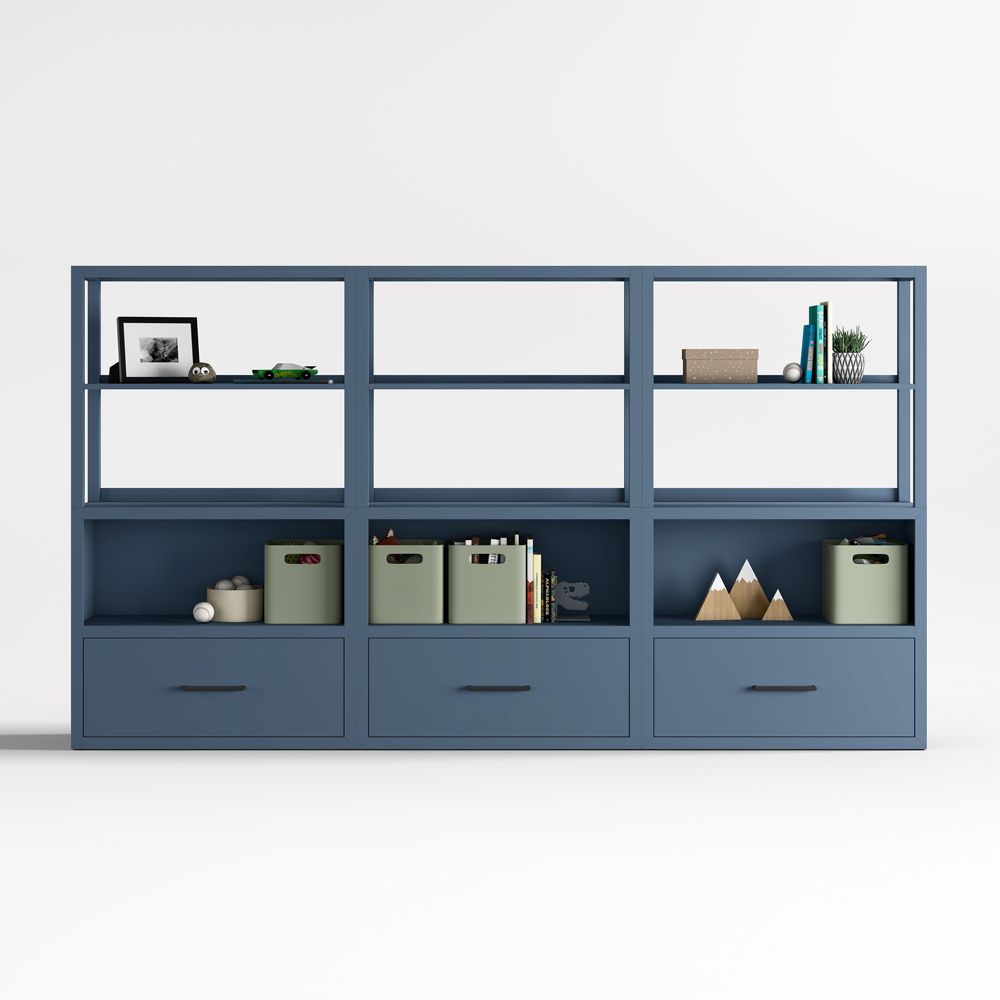 Ever Simple 108" Set of 3 Modular Slate Blue Wood Kids Drawer Bookcases with Hutches