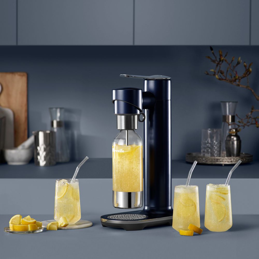 Alternative view of Breville InFizz Fusion Carbonation Machine with CO2 Canister in Damson Blue