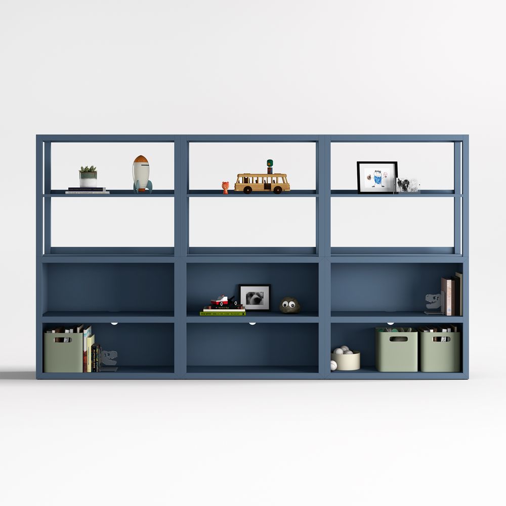Ever Simple 108" Set of 3 Modular Slate Blue Wood Kids Open Bookcases with Hutches