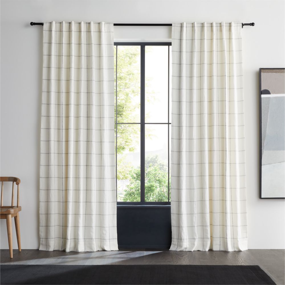 Pampas Ivory & Storm Grey Linen Double Pinstripe Grid Blackout Window Curtain Panel