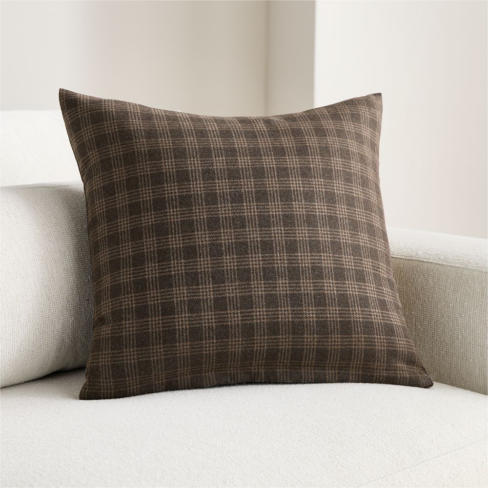 Roberto Italian Wool Blend Plaid 20"x20" Deep Brown Throw Pillow