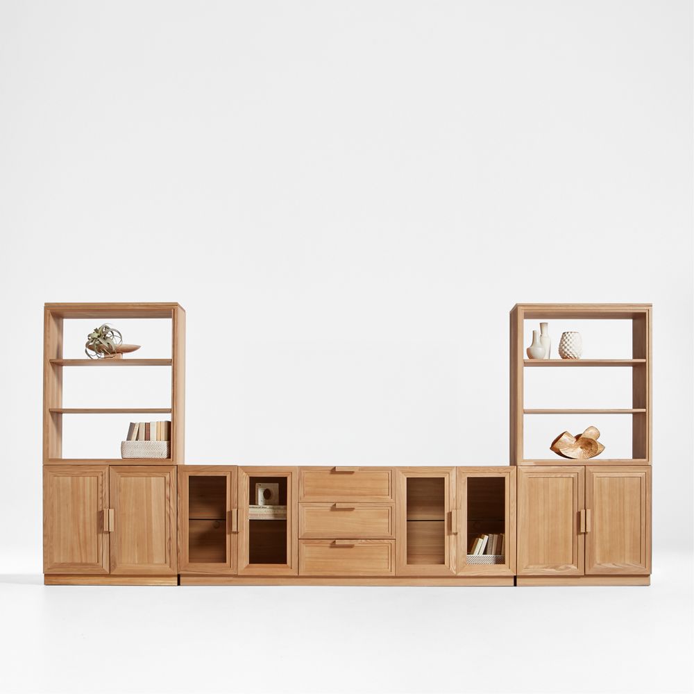 Calypso 162" Natural Wood Media Console Set with Wood Door Bookcase