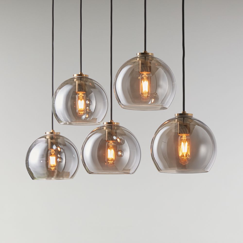 Arren Brass Linear 5-Light Pendant with Silver Round Shades 42"