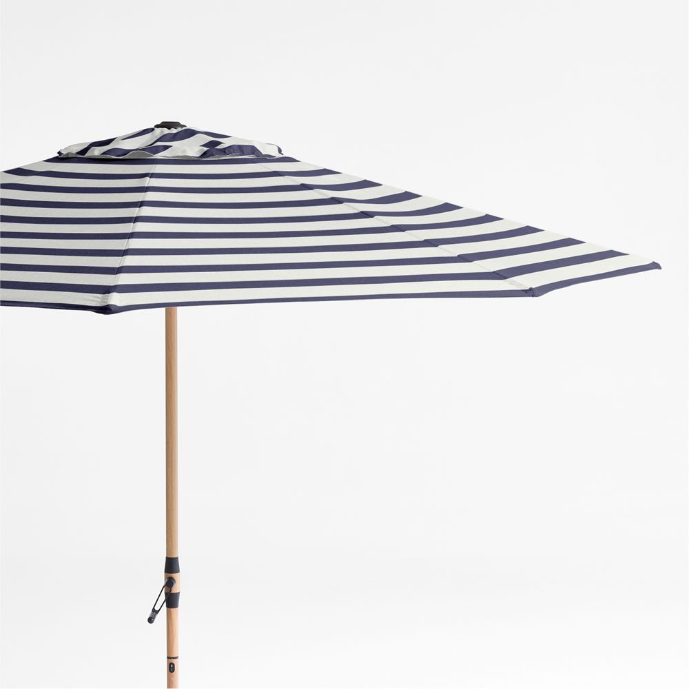 10' Round Sunbrella Navy and White Cabana Stripe Outdoor Patio Umbrella with Faux Wood Metal Frame