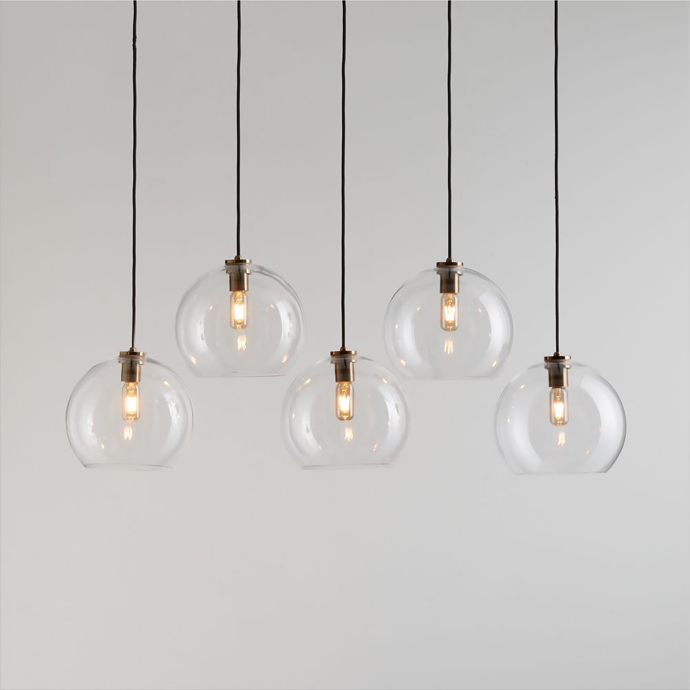 Arren Brass 5-Light Linear Pendant with Large Round Clear Glass Shades 40.7"