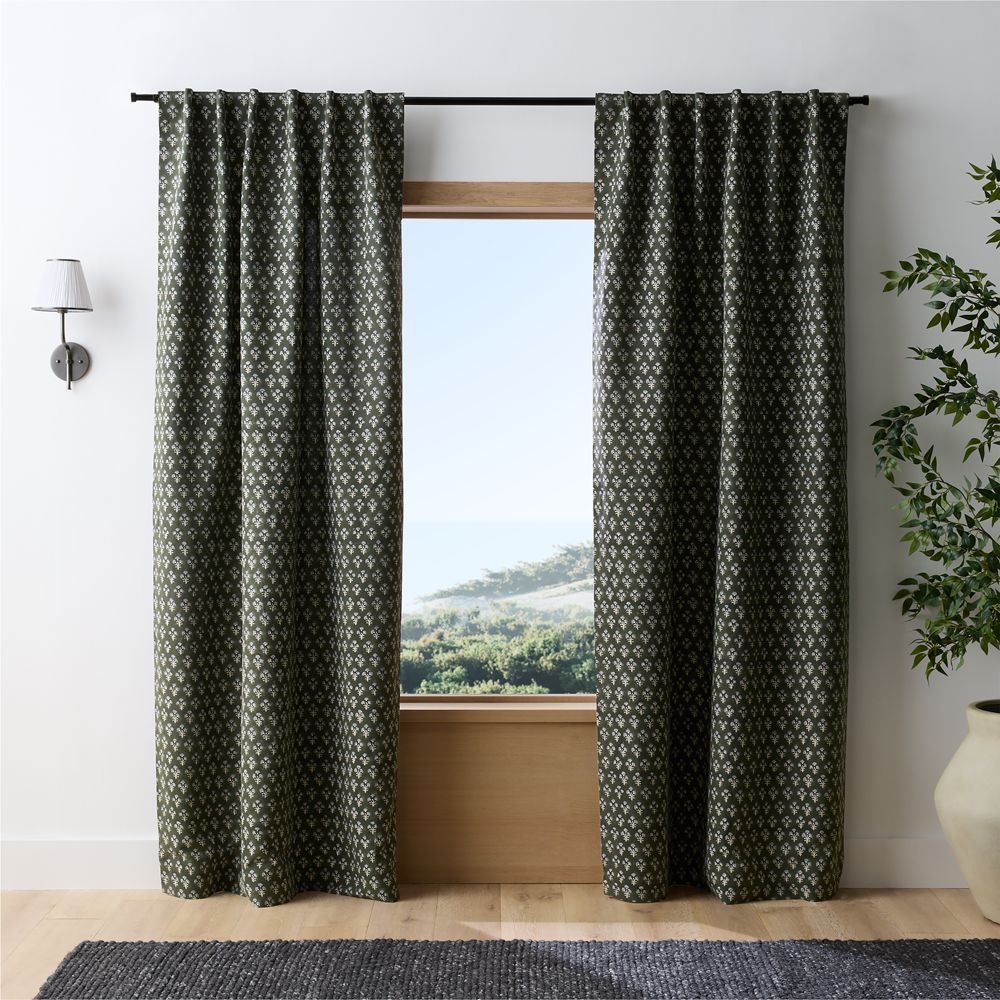 Ficus Green Floral Block Print Organic Cotton Linen Window Curtain Panels