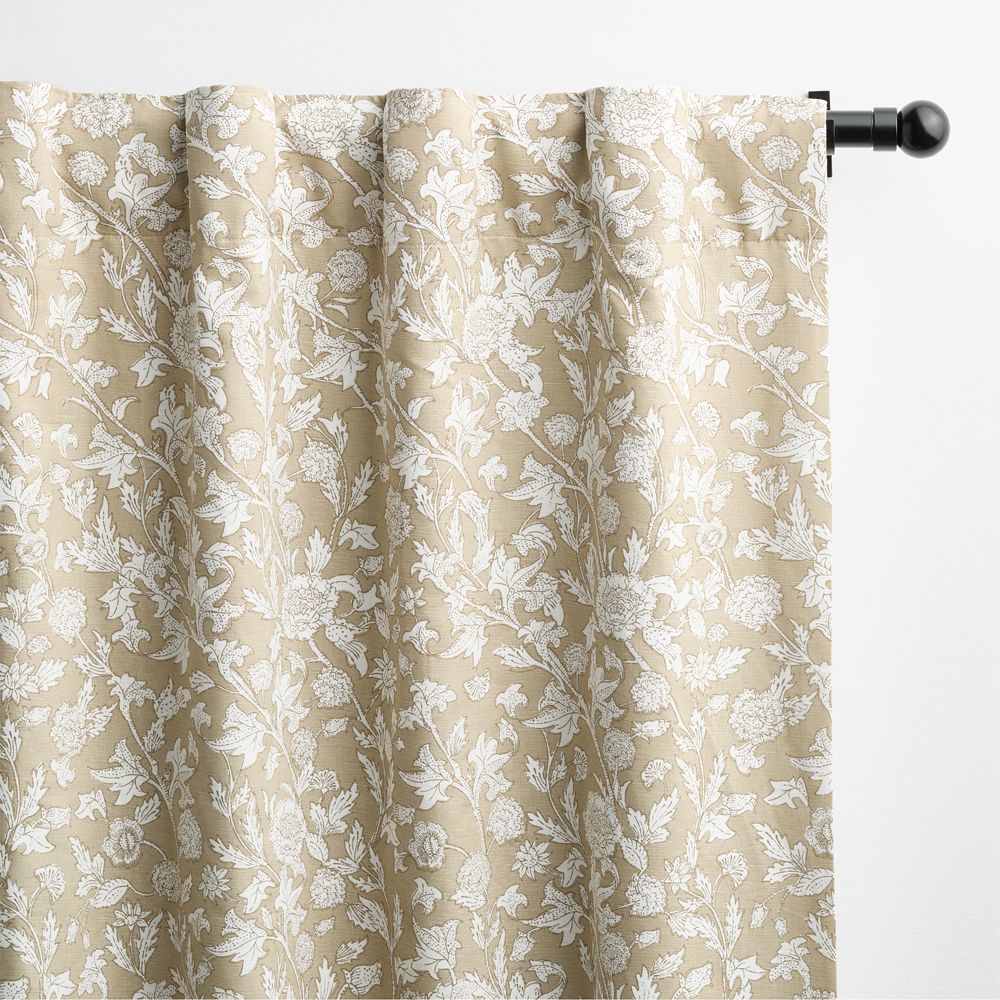 Natural Beige Floral Organic Cotton Linen Blackout Window Curtain Panels