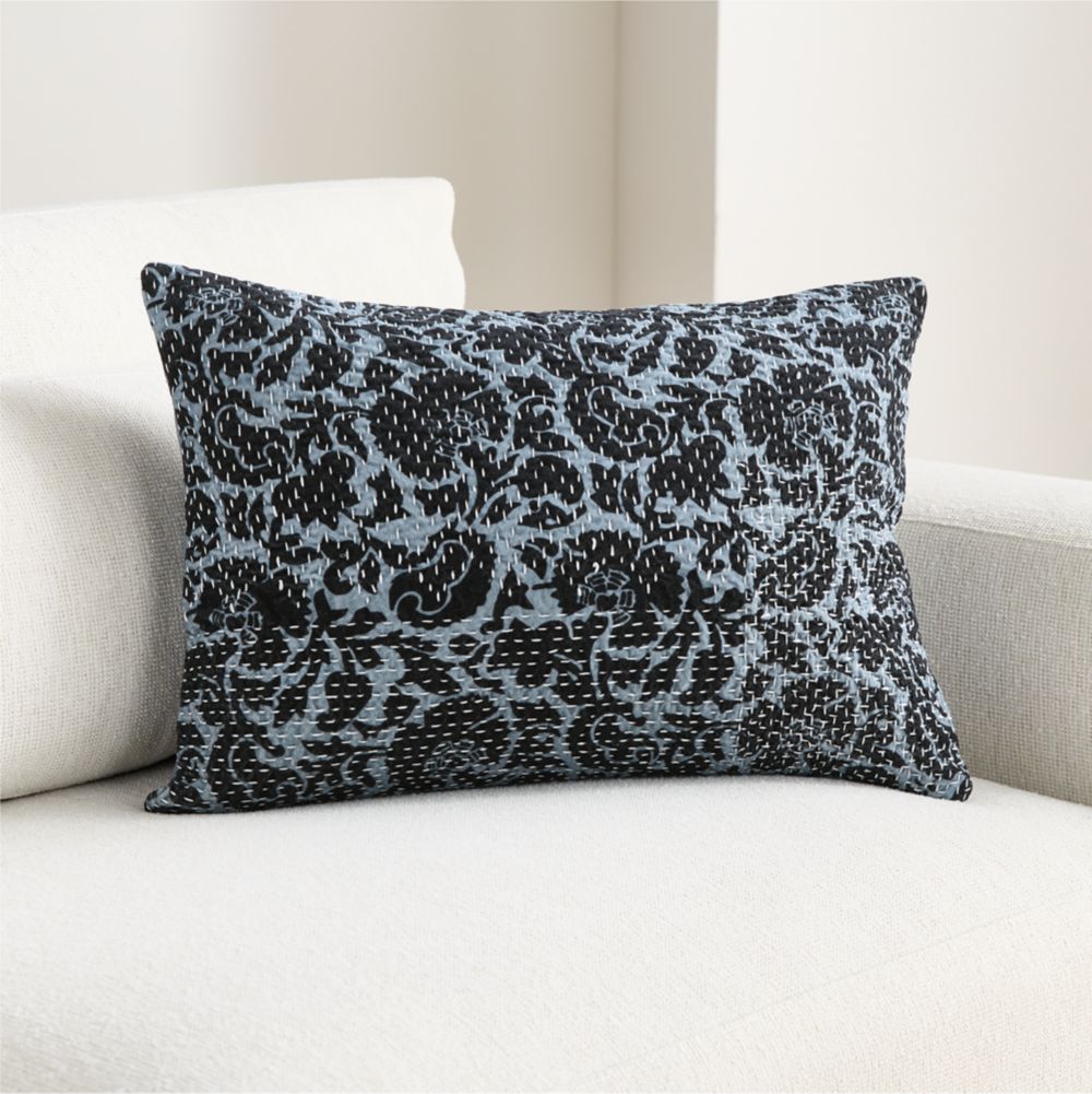 Sashiko Floral Organic Cotton Velvet 22"x15" Blue Throw Pillow