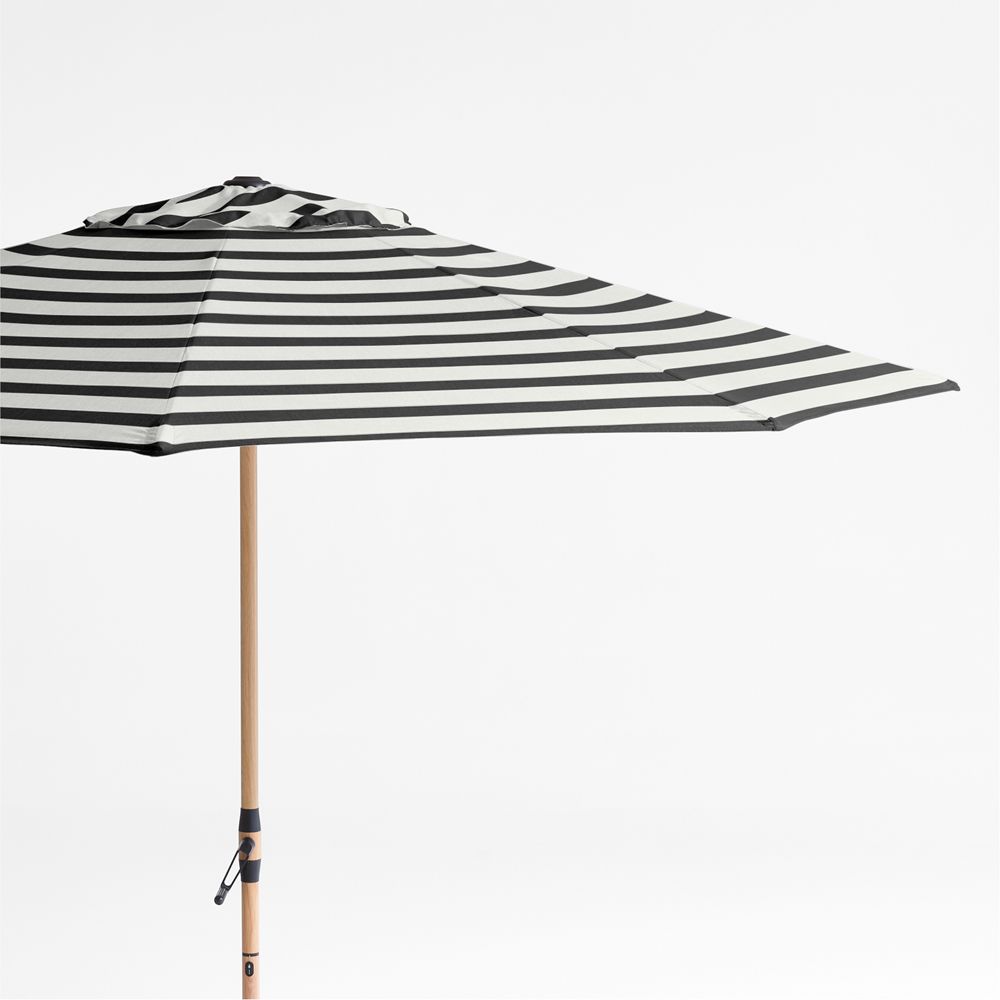 10' Round Sunbrella Black and White Cabana Stripe Outdoor Patio Umbrella with Faux Wood Metal Frame