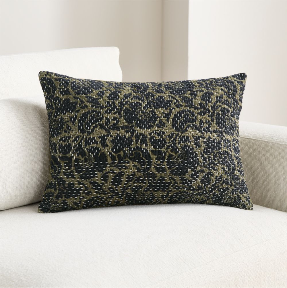 Sashiko Floral Organic Cotton Velvet 22"x15" Moss Green Throw Pillow